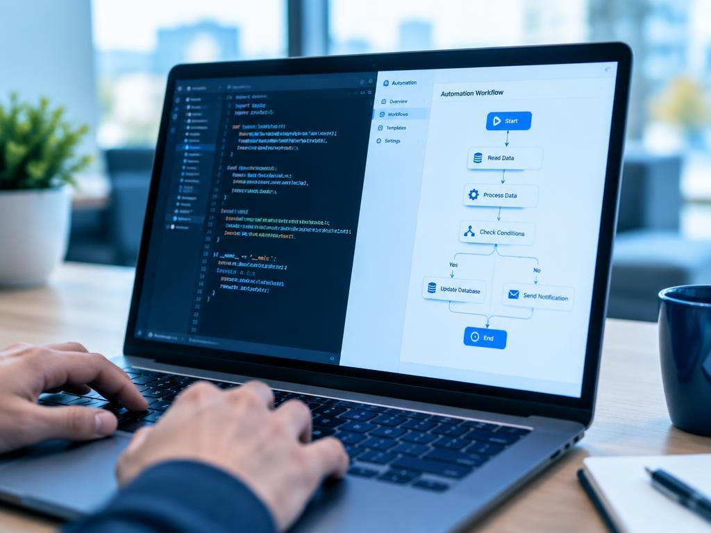 Laptop showing code and an automation workflow