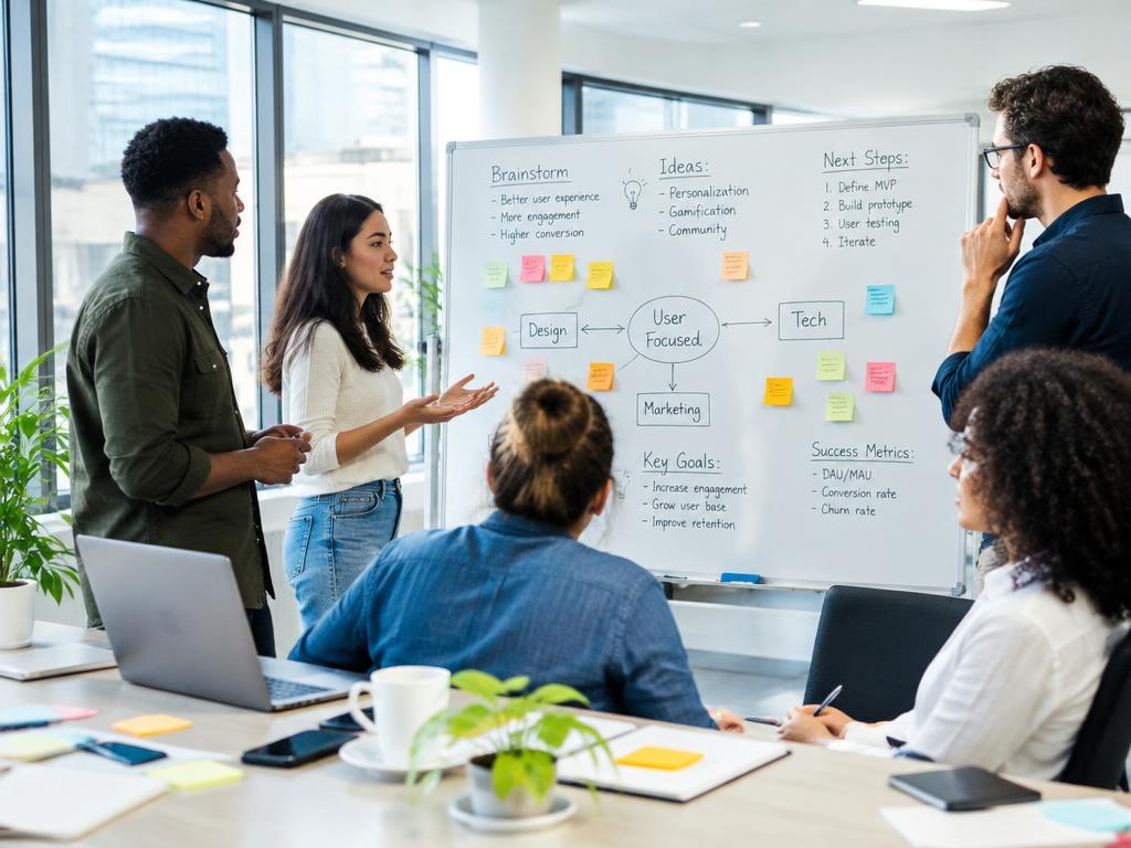 Team workshop around a whiteboard with sticky notes